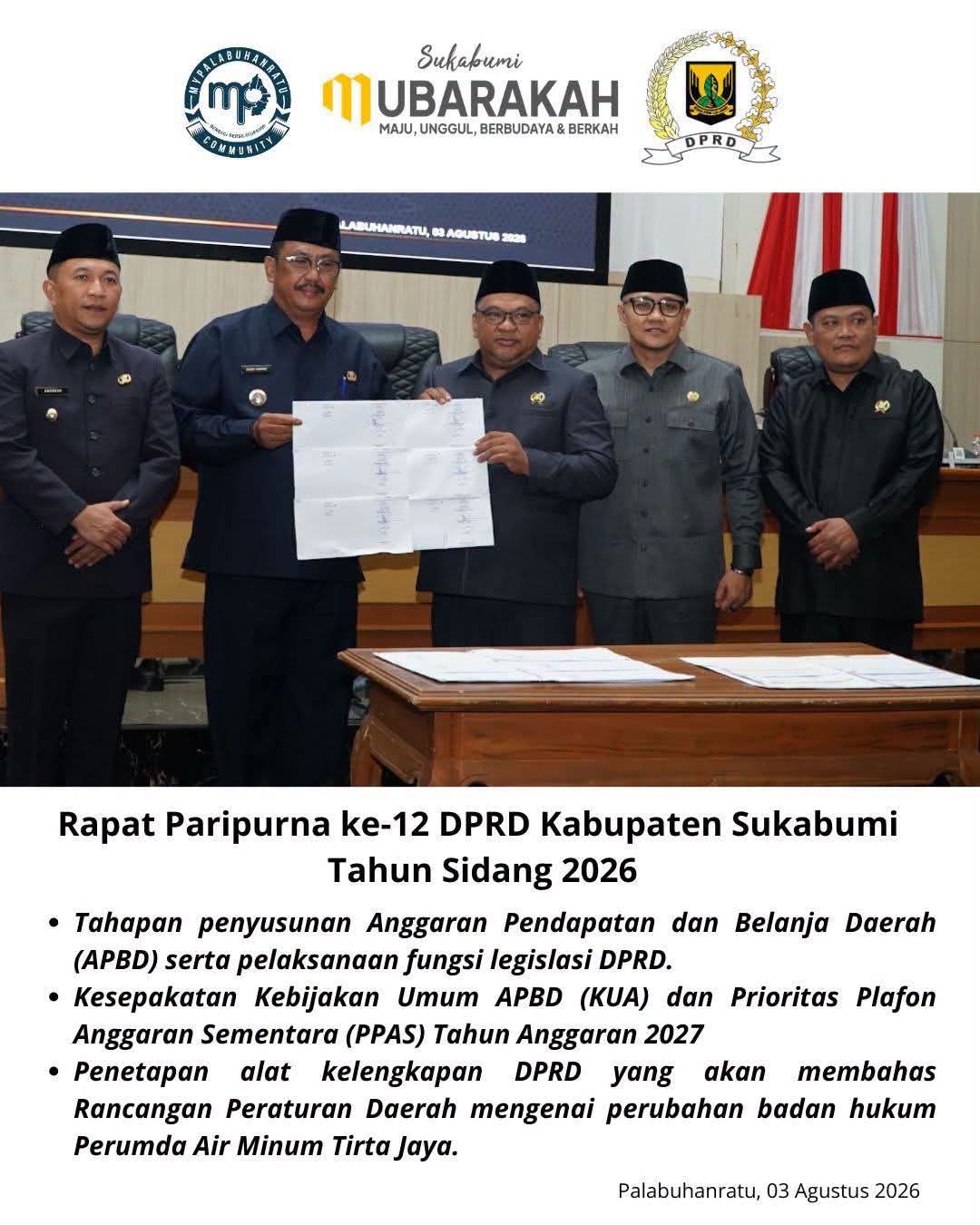 Rapat Paripurna Ke-12 DPRD Kabupaten Sukabumi Bahas KUA-PPAS 2027 dan Raperda Perumda Tirta Jaya